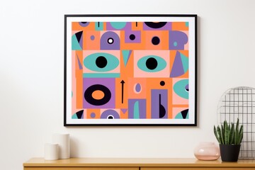Picture frame mockup with abstract illustration on sideboard table