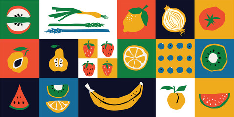 Organic food banner in flat style. Fruits and cereals geometry minimalistic with simple shape and figure. Great for flyer, web poster, natural products presentation templates, cover design.