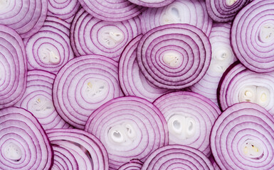 Red onion rings sliced texture background, Group of chopped onion top view