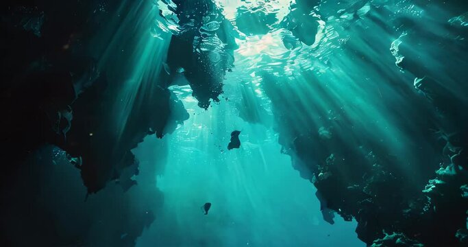 Diver's silhouette against Belize's Great Blue Hole stalactites, with light piercing the turquoise depths