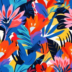Tropical seamless pattern with beautiful colorful flowers and leaf.