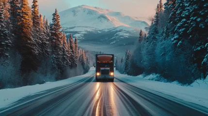 Schilderijen op glas Truck driving on highway with snow mountain forest in winter. © rabbit75_fot