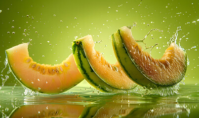 The fresh and juicy melon slices float in the air, with a solid colored background, Generative AI