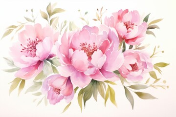Fototapeta na wymiar Watercolor peony flowers on white background, light pink