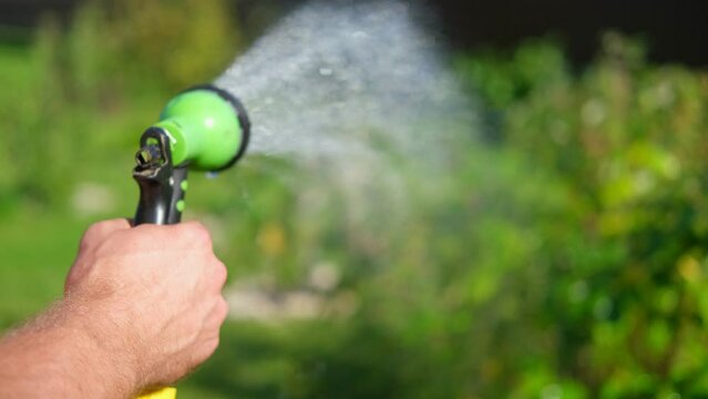 	
Gardener with a watering hose. Person spraying green grass lawn with hose sprayer. Irrigation with water, sunny day. Garden sprinkler in action. Landscaping. Gardening, waters, growing and plants ca