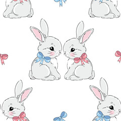 Hand Drawn Cute rabbits background vector seamless pattern, Bunnys - obrazy, fototapety, plakaty