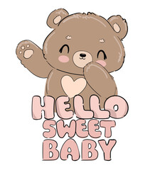 Hand Drawn Cute little Teddy Bear, vector illustration, Print for baby, newborns design
