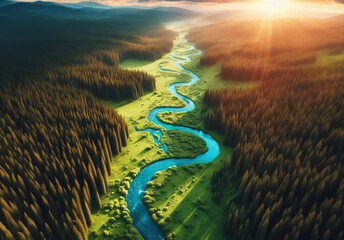 Ein Fluss schlängelt sich durch einen großen Wald, Luftperspektive - obrazy, fototapety, plakaty