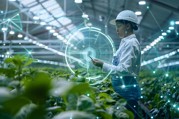Futuristic farmer harvesting hydroponic plants in greenhouse using modern AI technology. Monitoring harvest growth progress. Smart farming agricultural technology. Future agro crops concept