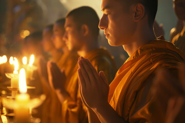 Young monks praying , close-up - obrazy, fototapety, plakaty