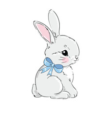 Hand Drawn Cute Bunny blue bow, print design rabbit. Vector