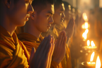 young monks pray - obrazy, fototapety, plakaty