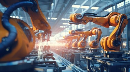 Automated AI industry robot and robotic arms assembly in factory production. Concept of artificial intelligence for industrial revolution and automation manufacturing process NLP