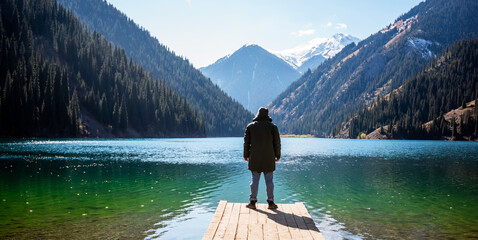 A man stands on a wooden pier looking out at a tranquil mountain lake, surrounded by forested...