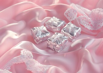 Sweets in glossy paper on a satin pink background