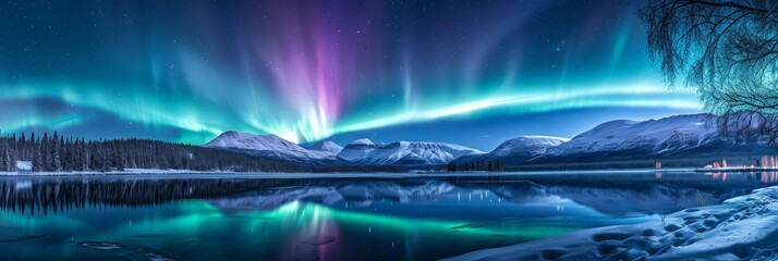 Beautiful aurora northern lights in night sky with lake snow forest in winter.