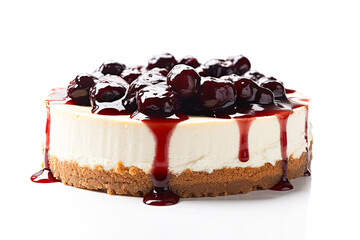 A slice of cheesecake with blueberries and raspberries on top. The cheesecake is topped with a...