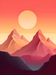Fototapeten Illustration with mountain landscape in sunrise. Drawing with beautiful landscape. © Lunstream