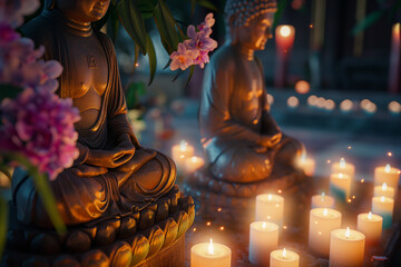 Buddhas on a background of candles - obrazy, fototapety, plakaty