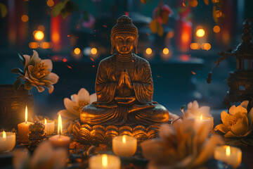 Buddha on a background of candles and flowers