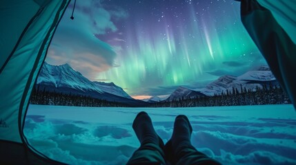 Camping inside a tent with stunning aurora light at night. - obrazy, fototapety, plakaty