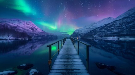 Beautiful aurora northern lights in night sky with lake pedestrian bridge snow forest in winter. - obrazy, fototapety, plakaty