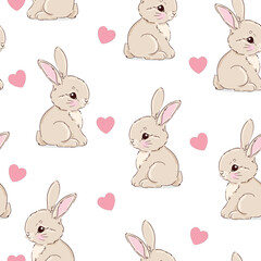 Hand Drawn Cute rabbits background vector seamless pattern, Bunnys