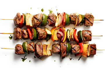 Two skewers of meat with vegetables on them. The vegetables are peppers and onions. The skewers are...