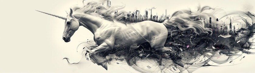 Illustrate a mythical unicorn amidst sleek, futuristic machinery, rendered in detailed pen and ink Approach from above, emphasizing its ethereal presence - obrazy, fototapety, plakaty