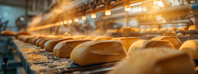 Automated Bread Production Line in Modern Factory, Fresh Loaves on Conveyor Belt - Concept of Food Industry and Technology
