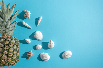 Creative composition with seashells and pineapple on pastel blue background. Summer minimal concept.