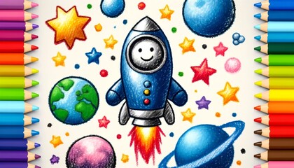 Fototapeta premium Child's Crayon Drawing of Rocket and Earth in Space