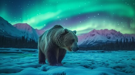 Grizzly bear in wild snow field with beautiful aurora northern lights in night sky with snow forest in winter. - obrazy, fototapety, plakaty