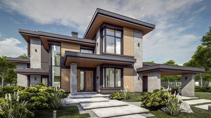Fototapeta na wymiar 3d rendering of modern two story house with gray and wood accents, large windows, parking space in the right side of the building, surrounded by trees and bushes, green grass on lawn, daylight