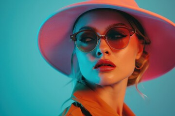 Stylish woman in pink hat and sunglasses posing against vibrant blue and pink backdrop