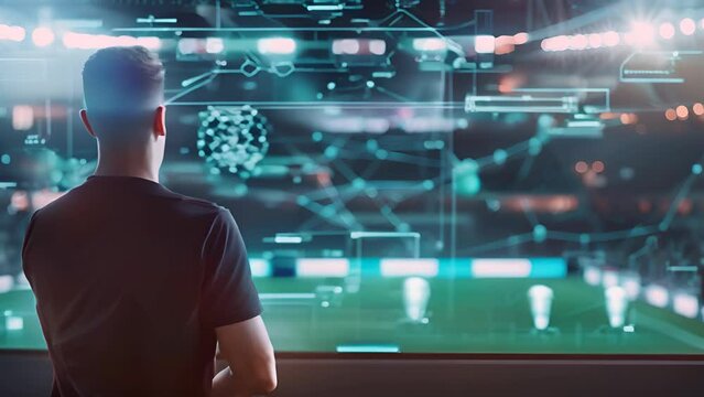 A sports coach analyzing team performance with holographic replays of matches, highlighting tactics and player movements