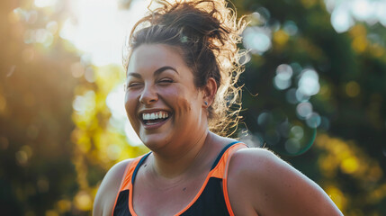 Attractive, happy, plus-sized caucasian woman enjoying exercise outdoors.