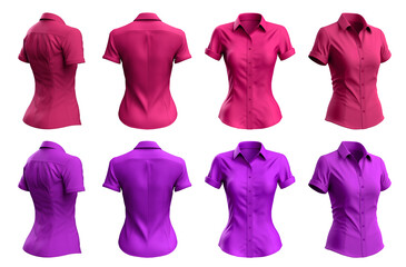 2 Set of woman magenta purple pink button up short sleeve collar slim fitting shirt front, back, side view on transparent background cutout, PNG file. Mockup template for artwork graphic design