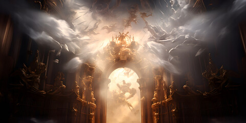 Baroque gateway to mystical afterlife: Majestic light beams amidst ethereal figures