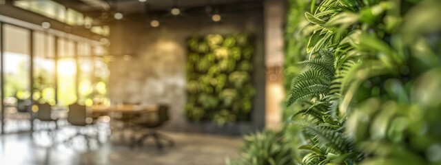 Modern corporate office interior with vibrant green walls, eco-friendly sustainable design elements, and an array of lush indoor plants enhancing workspace environment.
