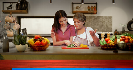 Indian Asian Hindu happy cute teen child girl modern home kitchen elder old aged older chef adult mom young lady talk teach cut vegan food slice chop board enjoy fun joy learn good habit indoor house