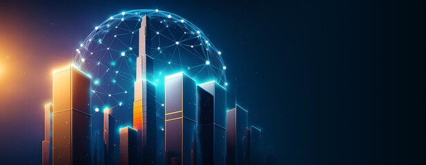 3d render. modern city skyline with glowing polygon sphere digitization concept blue background with blank space