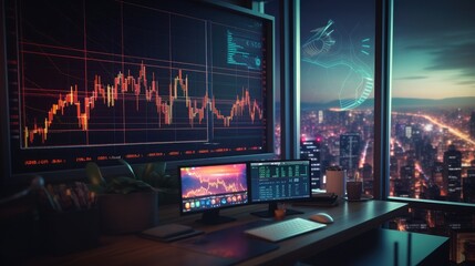 Double exposure of forex graph drawing and work table top veiw. Concept of financial analysis.