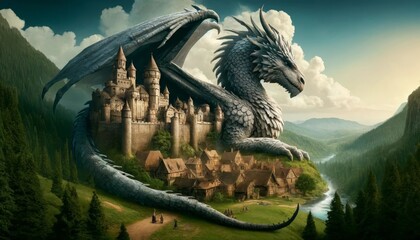 Guardian Dragon Overlooking Medieval Fantasy Village - obrazy, fototapety, plakaty