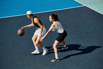 Athletic young women stand triumphantly on a basketball court on a sunny day, embodying strength...