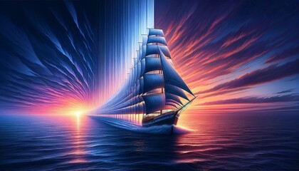 Sailing Into the Sunset on a Majestic Schooner - obrazy, fototapety, plakaty