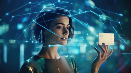 Double exposure of woman on-line shopping holding a credit card and data theme hologram drawing. E-commerce concept.