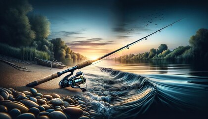 Fishing Rod by the Calm Lake at Sunrise - obrazy, fototapety, plakaty
