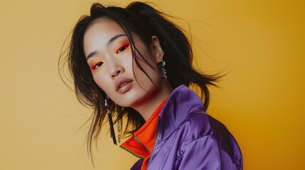 Portrait of stylish Asian woman in purple jacket and orange shirt posing against yellow background