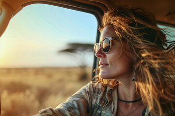 woman in sunglasses travelling by car on safari tour in Africa